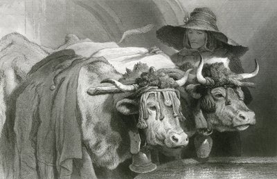 Oxen at the tank, Geneva (engraving) by Edwin (after) Landseer