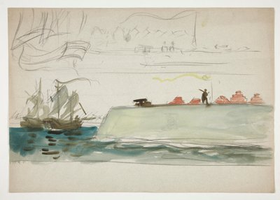 Boats at Sea: Battleship Foreground, Sailboat in Distance (unidentified illustration) by Edwin Austin Abbey