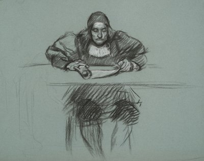Figure for Trial of Queen Katherine. Clerk at Desk by Edwin Austin Abbey