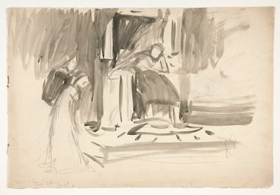 Figure on throne, flanked by two figures, sketch for an unidentified Shakespeare play by Edwin Austin Abbey
