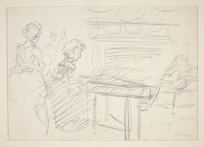 Interior Scene: Woman at Piano and Family - Unidentified Illustration by Edwin Austin Abbey