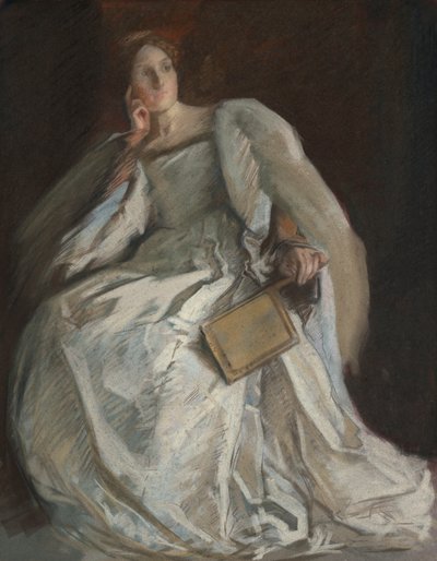 Lady in White Seated, Right Hand to Chin, Holding Fan by Edwin Austin Abbey