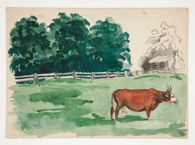 Pasture Scene with Cow in Foreground by Edwin Austin Abbey