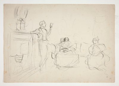 Sketch of an Interior: Man Reading Aloud, Women Knitting - Unidentified Illustration by Edwin Austin Abbey