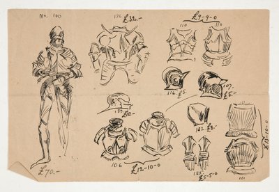 Sketches of Armor, with Prices in British Pounds Below Each Item by Edwin Austin Abbey