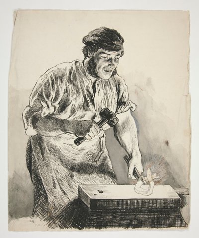 Study of a Blacksmith, Hammering Iron - Unidentified Illustration by Edwin Austin Abbey