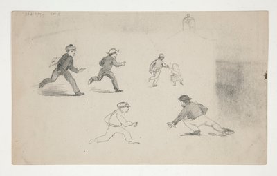 Three Studies (men with horses, study of head) (recto); Six Studies of Running Figures, Study of a Bell Tower (verso) by Edwin Austin Abbey