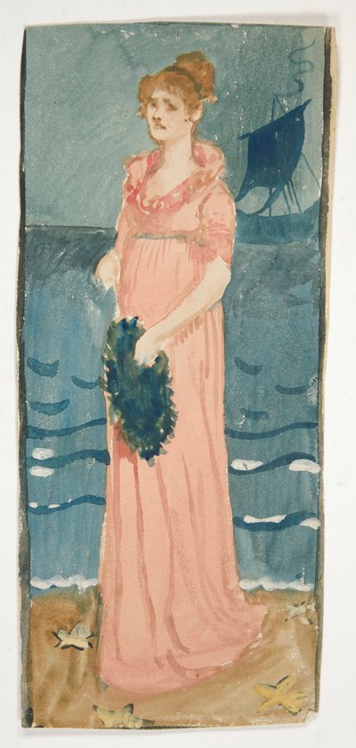 Unidentified illustration of woman on a beach, ship in distance by Edwin Austin Abbey