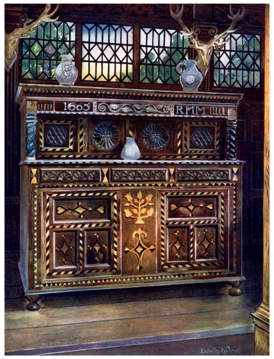 Carved and Inlaid Oak Court Cupboard, 1910 by Edwin Foley