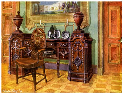 Carved mahogany pedestal sideboard and oval wheelback masters chair, 1911-1912 by Edwin Foley
