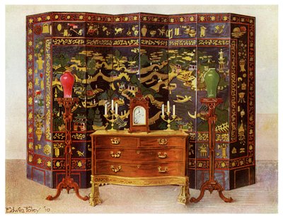 Curved Commode Table and Chinese Lacquered Eight Fold Screen by Edwin Foley