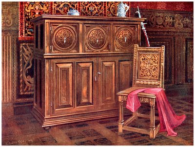 Oak cabinet and walnut chair, 1910 by Edwin Foley