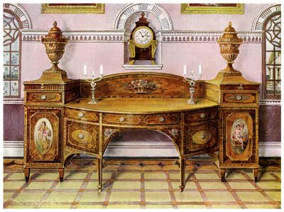 Painted and Inlaid Satinwood Sideboard and Mahogany Bracket Clock by Edwin Foley