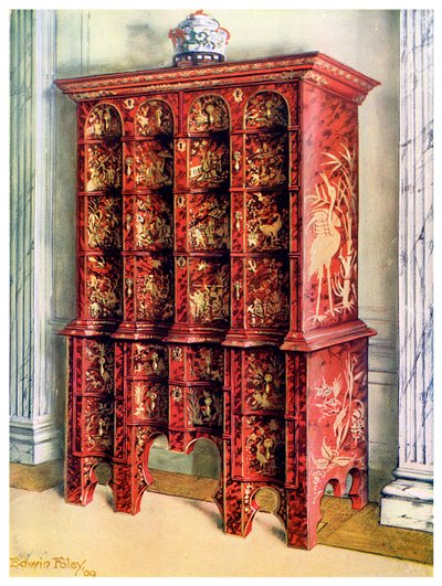 Red and gilt lacquer double chest of drawers by Edwin Foley