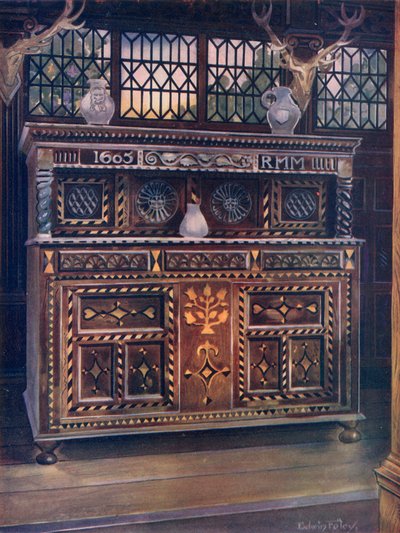 Carved and Inlaid Oak Court Cupboard by Edwin John Foley