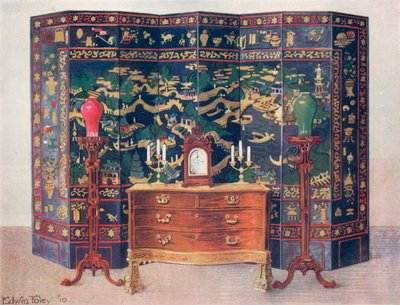 Curved Commode Table--Chippendale under French Influence. Incised and Raised Lacquered Eight-Fold Screen--Chinese by Edwin John Foley