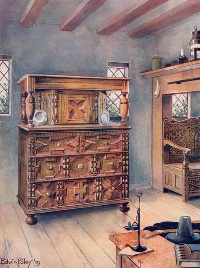 The Putnam Cupboard of English Oak and Cedar. Carved Settle of American Oak by Edwin John Foley