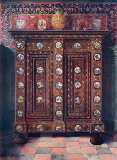 Walnut Kas Inlaid and with Painted Medallions of Delft Ware by Edwin John Foley