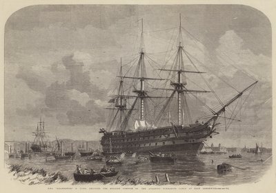HMS Agamemnon, 91 Guns, Shipping the English Portion of the Atlantic Submarine Cable at East Greenwich by Edwin Weedon