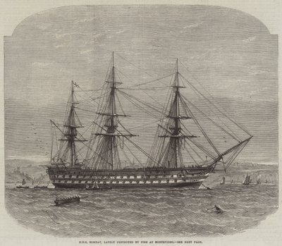 HMS Bombay, lately destroyed by Fire at Montevideo by Edwin Weedon