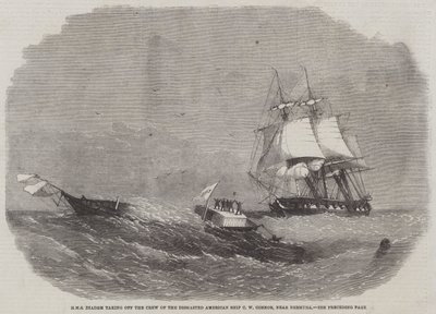 HMS Diadem taking off the Crew of the Dismasted American Ship C W Connor, near Bermuda by Edwin Weedon