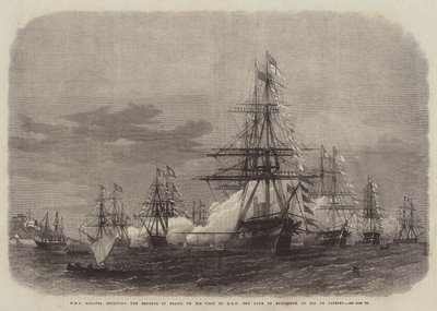 HMS Galatea receiving the Emperor of Brazil on his Visit to HRH the Duke of Edinburgh at Rio de Janeiro by Edwin Weedon