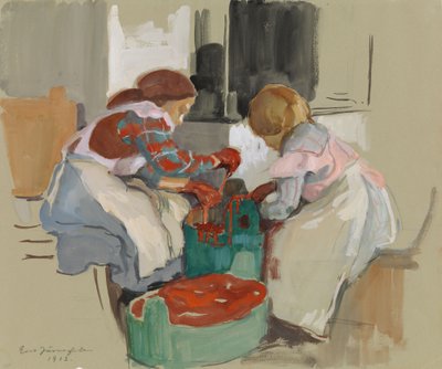 Two Girls Dyeing Fabric by Eero Järnefelt