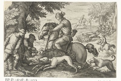 Hilly Landscape with Wild Boar Hunt by Egbert Jansz.