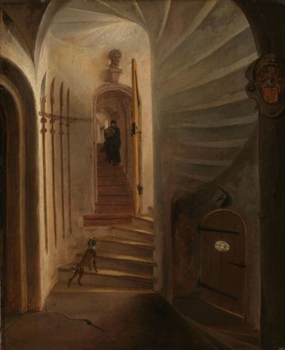 Portal of a Stairway Tower, with a Man Descending the Stairs: Presumably the Moment Before the Assassination of William the Silent in the Prinsenhof, Delft by Egbert Lievensz. van der Poel (attributed to)