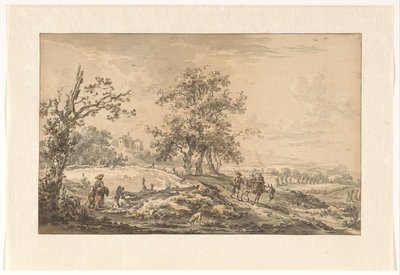 Woman with Child and Man with Donkey in Landscape by Egbert van Drielst