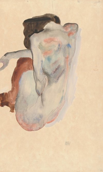 Crouching Nude in Shoes and Black Stockings, Back View by Egon Schiele