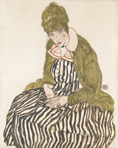 Edith with Striped Dress, Sitting by Egon Schiele