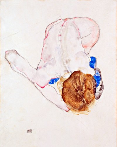 Nude Woman with Blue Stockings, Leaning Forward by Egon Schiele