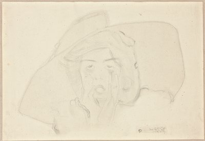 Head of a shouting young woman with large hat, chin supported by hands by Egon Schiele