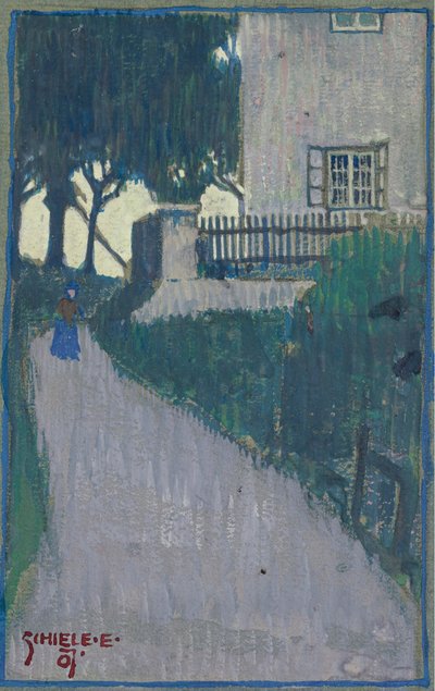 Landscape with House, Trees and Female Figure by Egon Schiele
