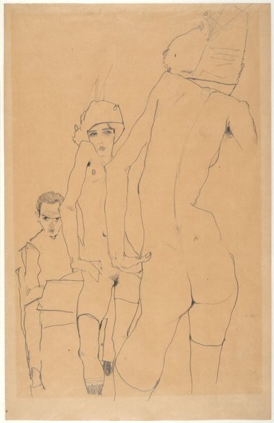 Schiele with Nude Model before the Mirror by Egon Schiele