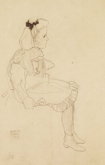 Seated Girl with a Bow in Her Hair by Egon Schiele