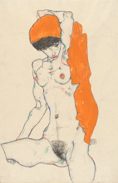 Standing Nude with Orange Drapery by Egon Schiele