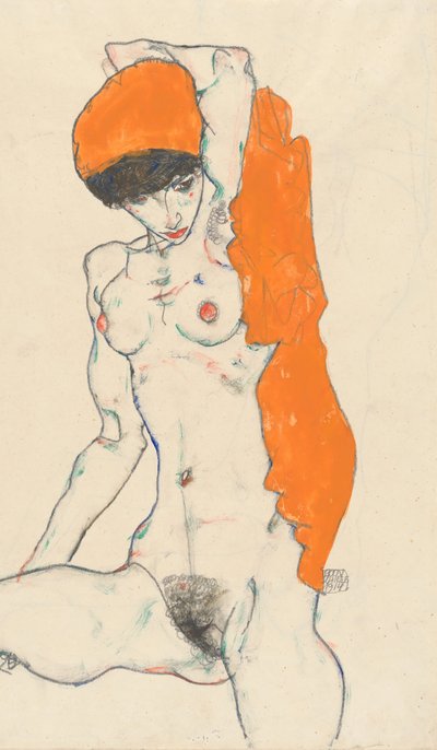 Standing Nude with Orange Drapery, 1914 (recto: Study of Nude with Arms Raised verso) by Egon Schiele