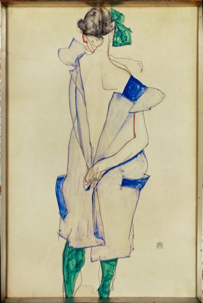 Standing Girl with Blue Dress and Green Stockings, Back View by Egon Schiele