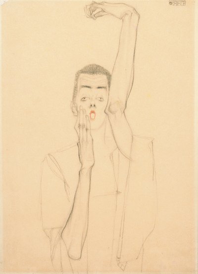 Young Man with a Raised Arm and Red Mouth by Egon Schiele