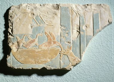 Relief depicting a raid by a dog-like animal on a birds nest, from the funerary temple of King Montuhotep II by Egyptian 11th Dynasty