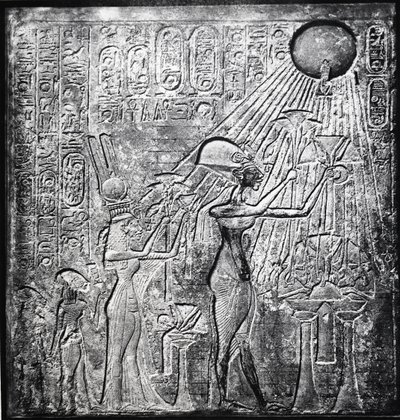 Akhenaten (Amenhotep IV) heretic pharaoh, reigned from c150 BC, here with Nefertiti and their two daughters offering gifts to the Sun. Relief originally in Temple of Sun, Thebes by Egyptian 18th Dynasty