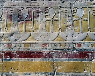 Ankh, Hieroglyphic sign of life, Djed, pillar-like symbol, and Uas, sign of scepter, painted reliefs, Chapel of Hathor, Mortuary Temple of Queen Hatshepsut, Deir el-Bahri, Thebes, Egyptian civilization, New Kingdom, Dynasty XVIII by Egyptian 18th Dynasty