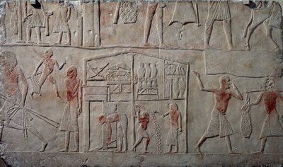 Arrangement of food in warehouses, limestone wall relief, from Memphite Tomb of Horemheb at Saqqara, Egyptian Civilization, New Kingdom, Dynasty XVIII by Egyptian 18th Dynasty