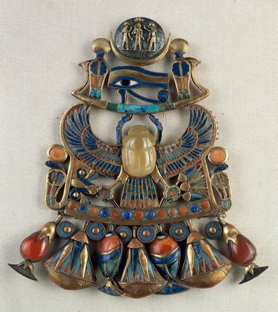 Breastplate with solar and lunar emblems, From Tomb of Tutankhamun, Thebes, Egypt, Goldsmith art, Egyptian civilization, New Kingdom, Dynasty XVIII by Egyptian 18th Dynasty