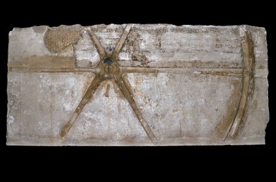 Carved and Painted Limestone Block with Depiction of a Chariot Wheel, 1353-35 BC by Egyptian 18th Dynasty