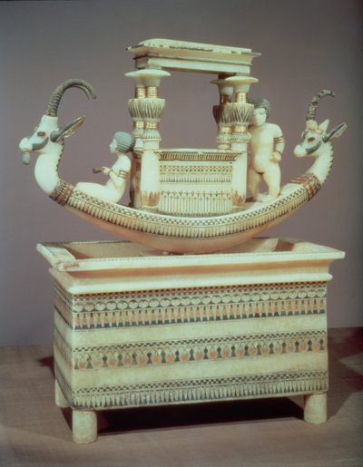 Chest with a boat decorated with two heads of a Syrian ibex and two female figures thought to be Princess Mutnedjmet, from the tomb of Tutankhamun by Egyptian 18th Dynasty