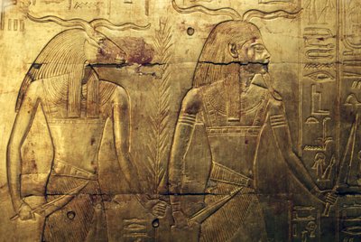 Deities, engraving on rear panel of third burial chapel covered in gold, Treasury of Tutankhamun, Egypt by Egyptian 18th Dynasty