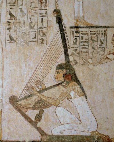 Girl musician with harp entertaining guests by Egyptian 18th Dynasty